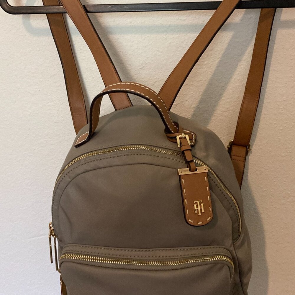 Tommy Hilfiger Beige Nylon Small Backpack with Leather Straps with TH Logo